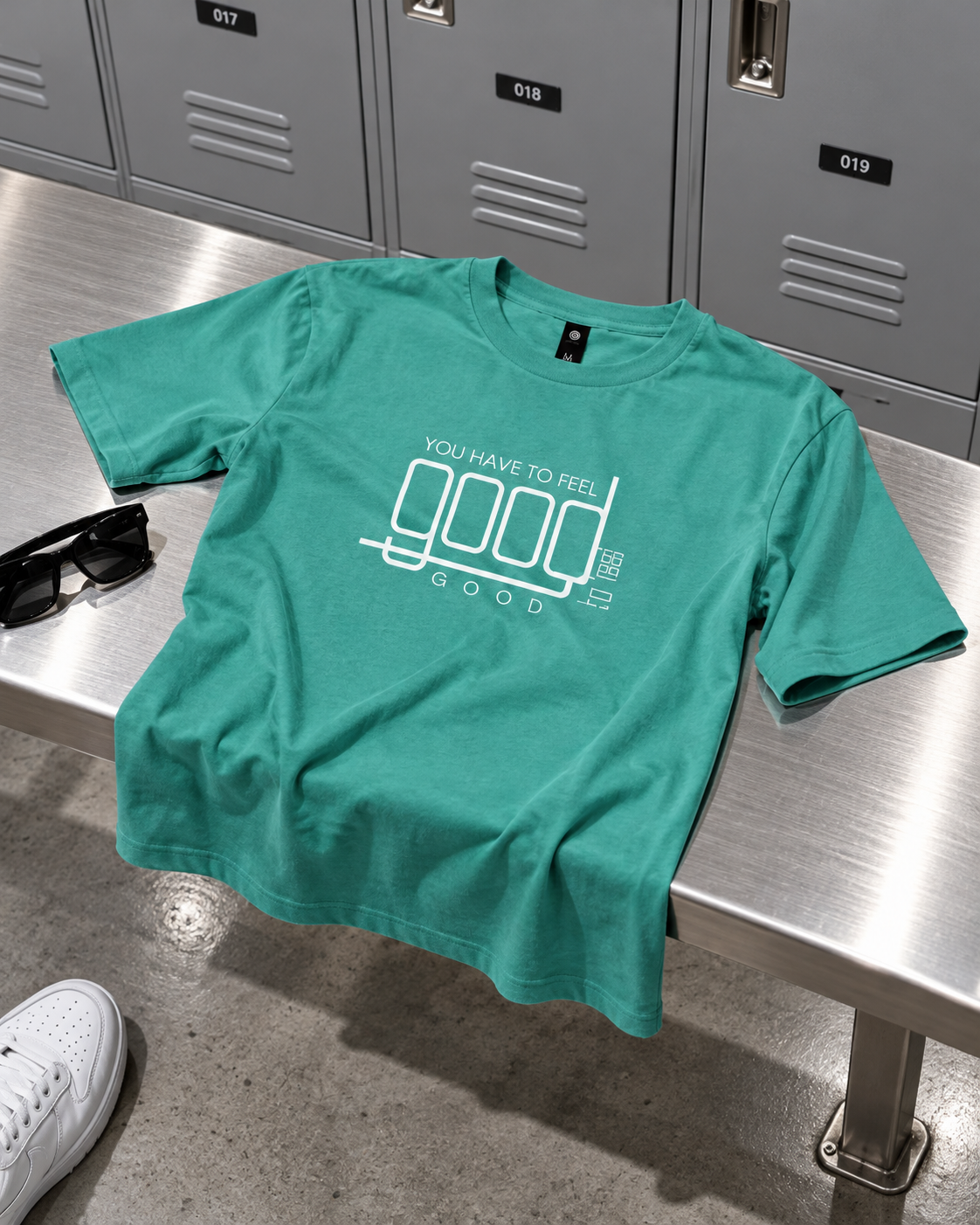 Feel Good to Feel Good T-shirt Turquoise Locker Bench still life