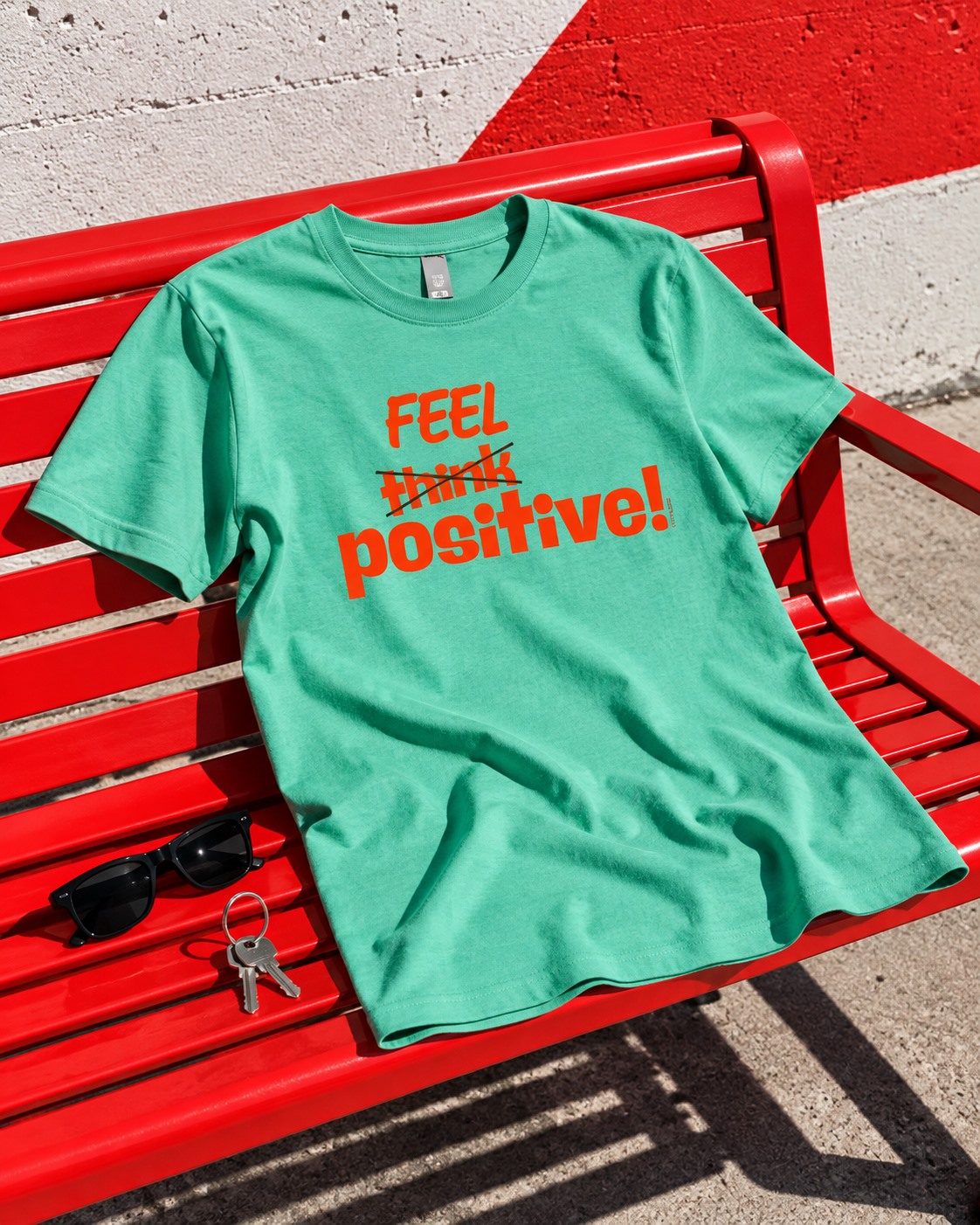 Feel Positive Think Crossed Out T-shirt Mint Red Bench still life