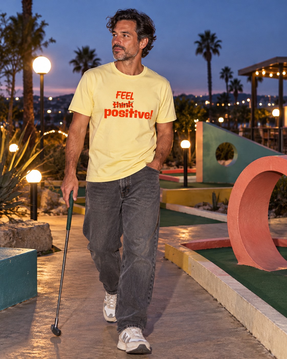 Feel Positive Think Crossed Out T-shirt Pale Yellow Man Mini Golf