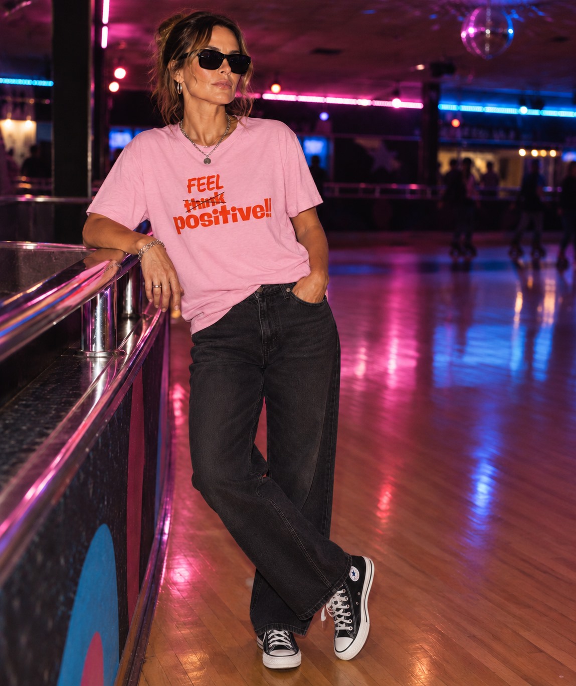 Feel Positive Think Crossed Out T-shirt Pink Woman Roller Disco
