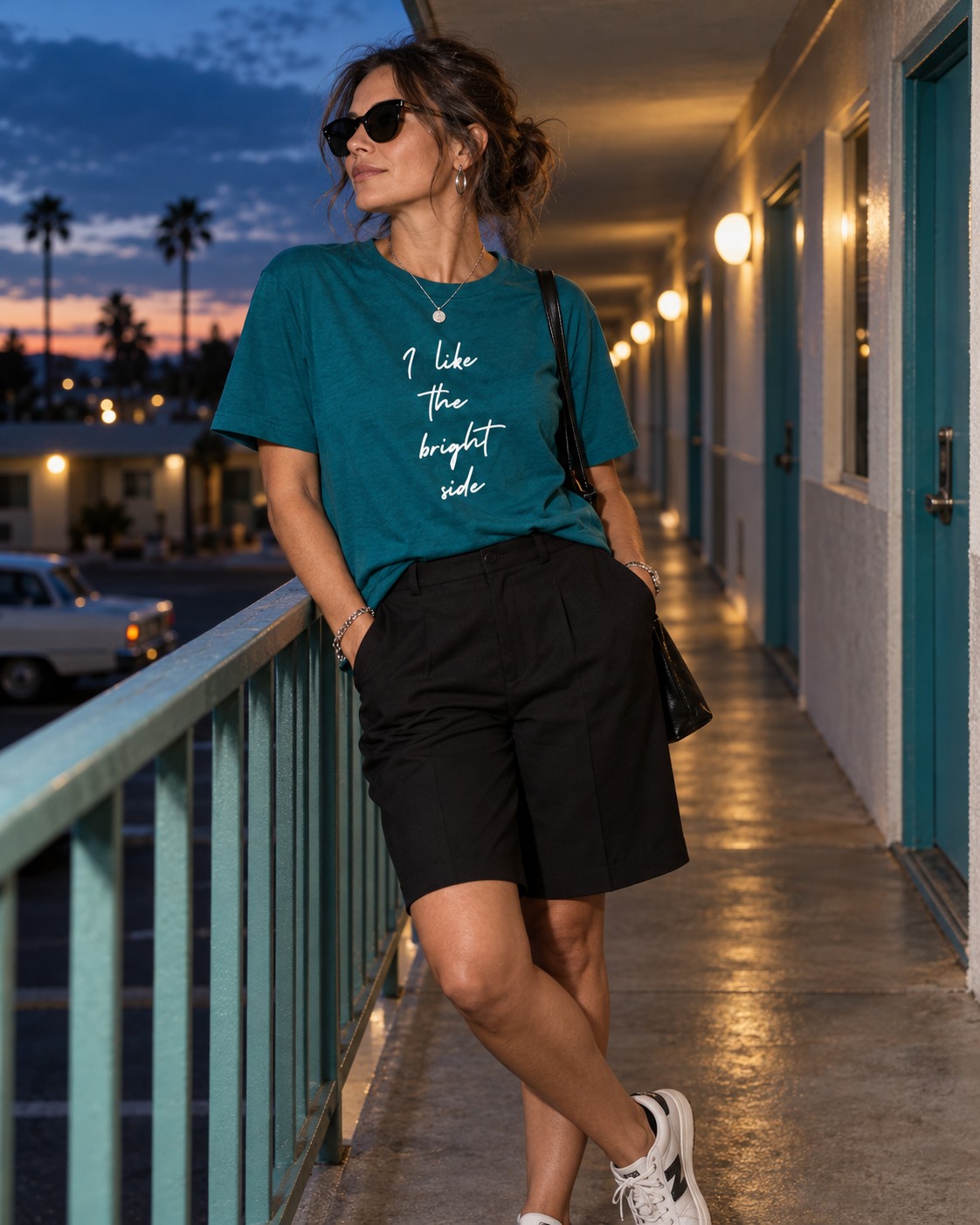 I Like the Bright Side T-shirt Teal Woman Motel Balcony