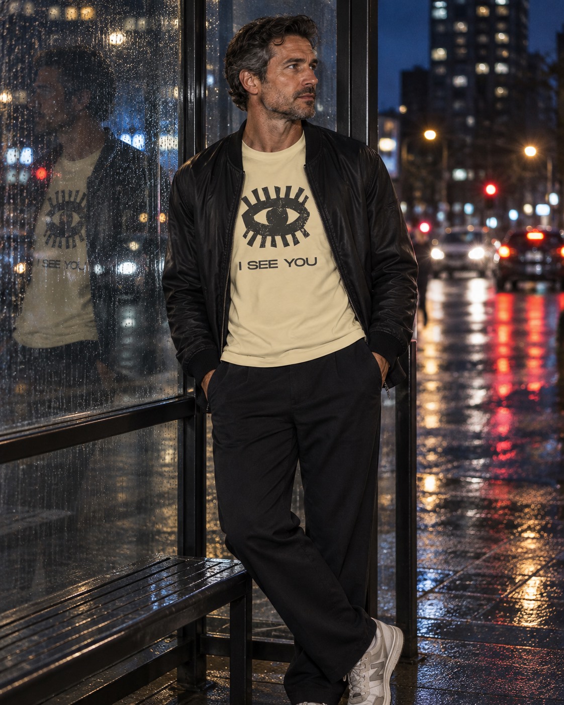 I See You T-shirt Cream Man Rainy Bus Stop