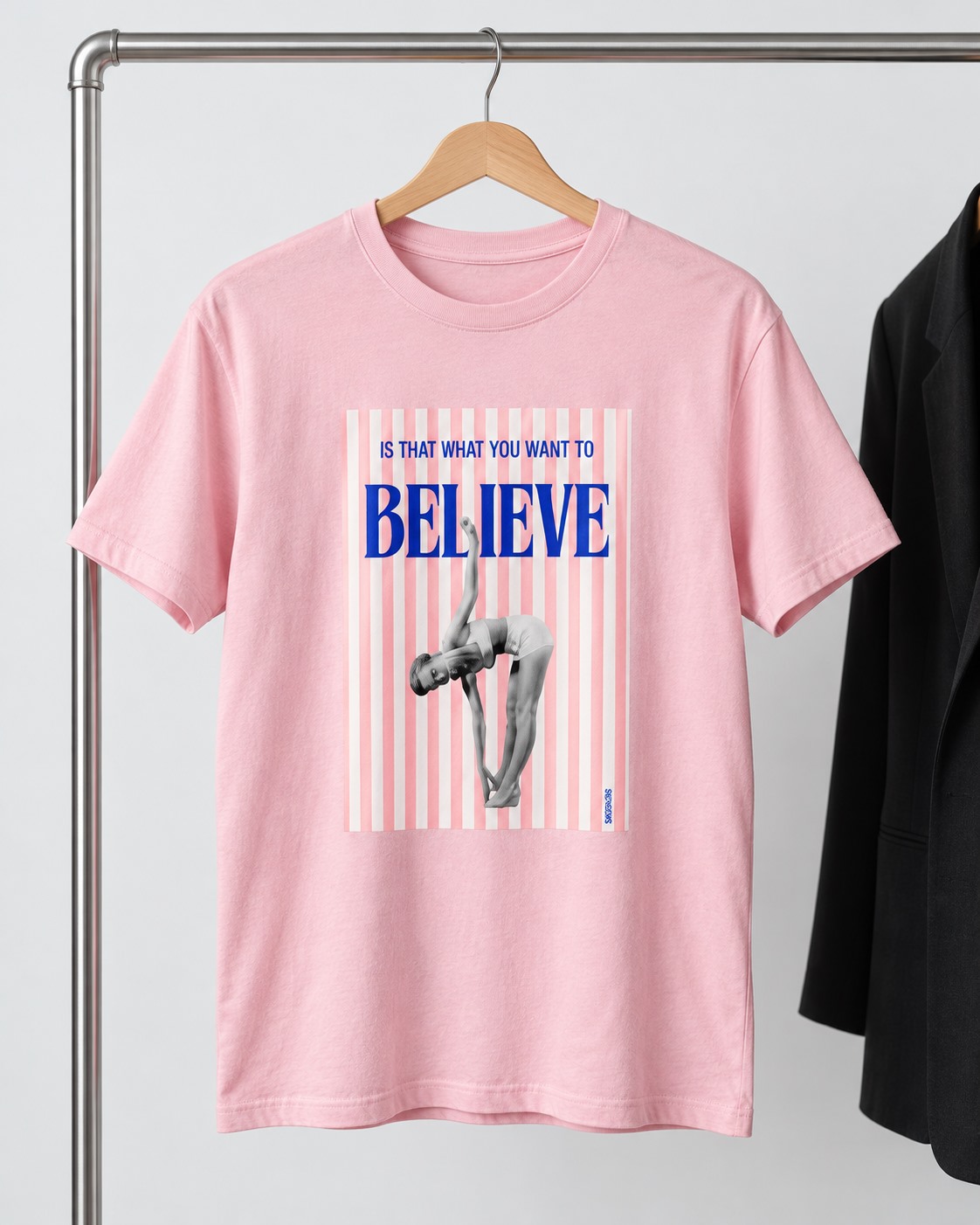 Is That What You Want to Believe T-shirt Pink Hanger still life