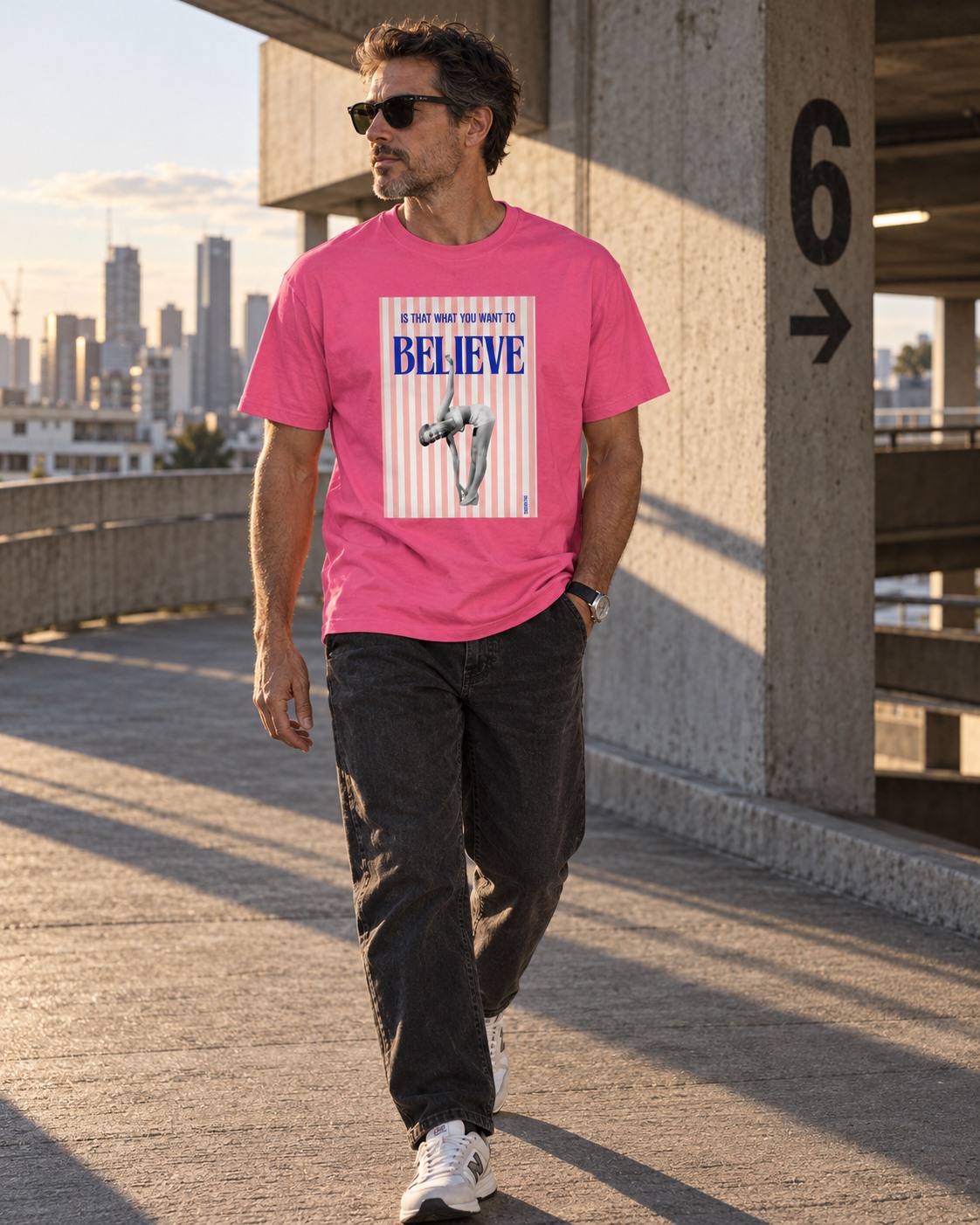 Is That What You Want to Believe T-shirt Pink Man Parking Garage