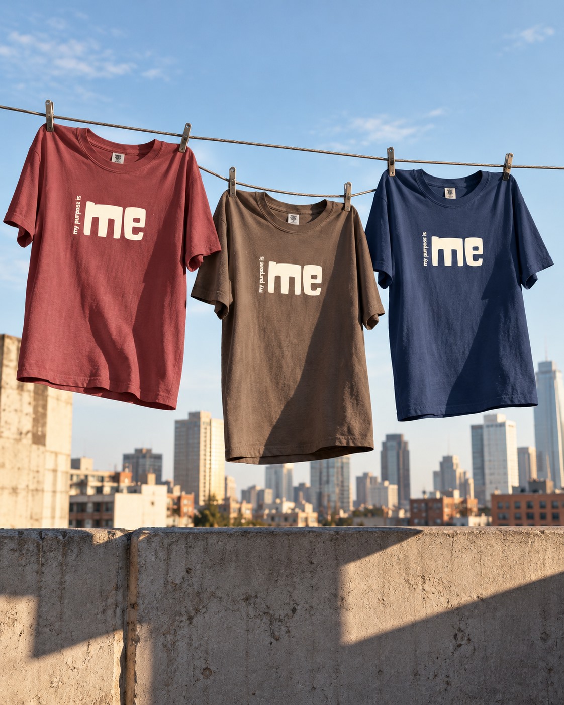 My Purpose Is Me T-shirt Rust Brown Navy Rooftop Clothesline still life