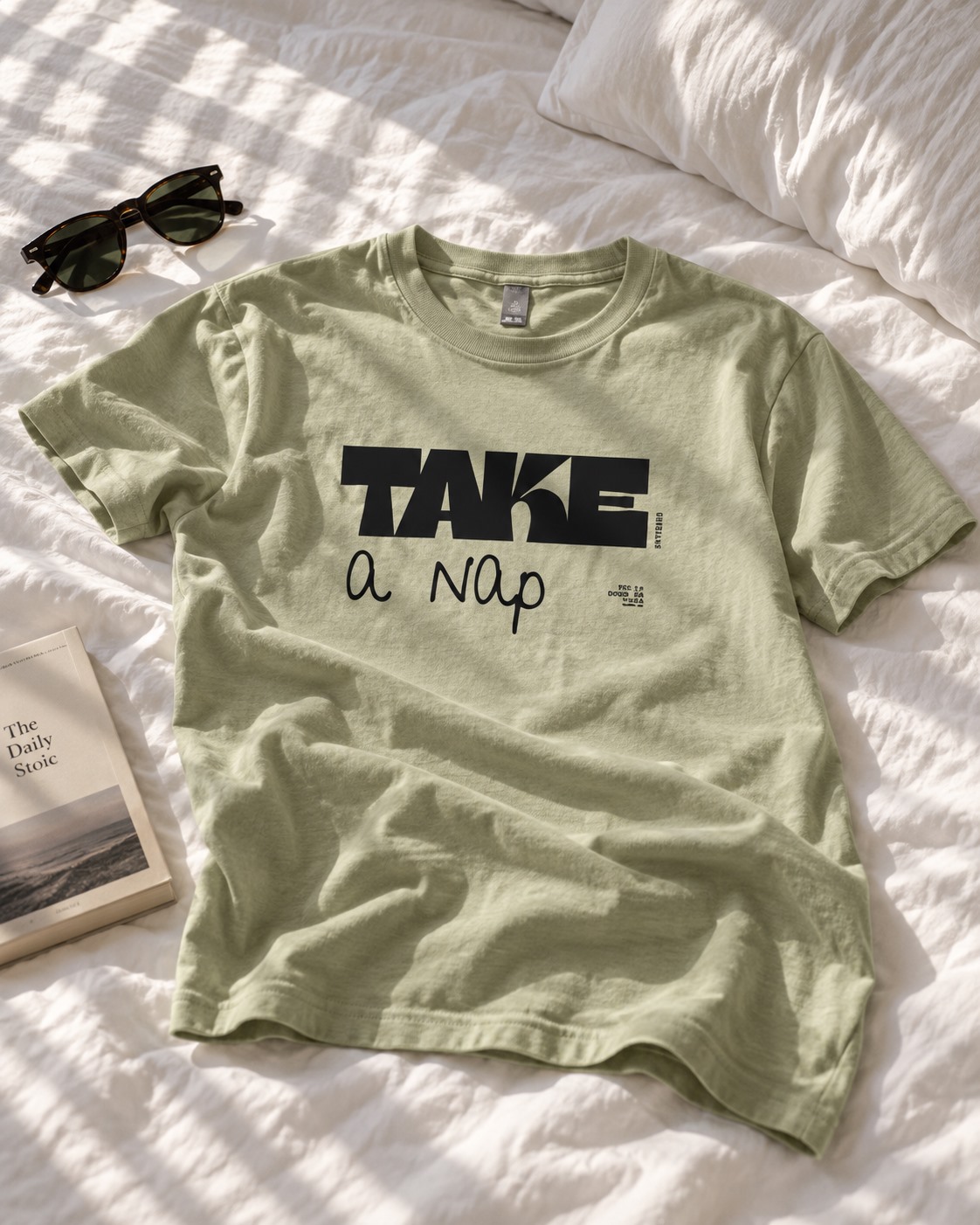 Sage Take a Nap T-shirt laid on a bed.