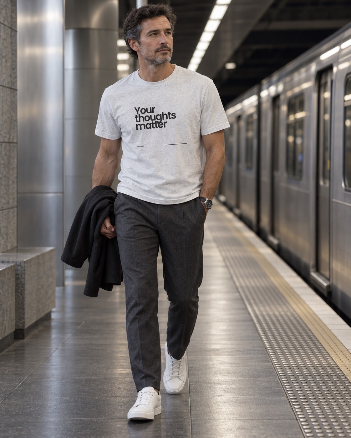 Man wearing a light grey Your Thoughts Matter T-shirt at a train platform.