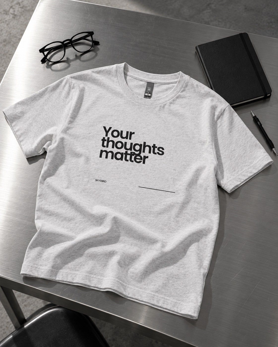 Light grey Your Thoughts Matter T-shirt on a metal desk.