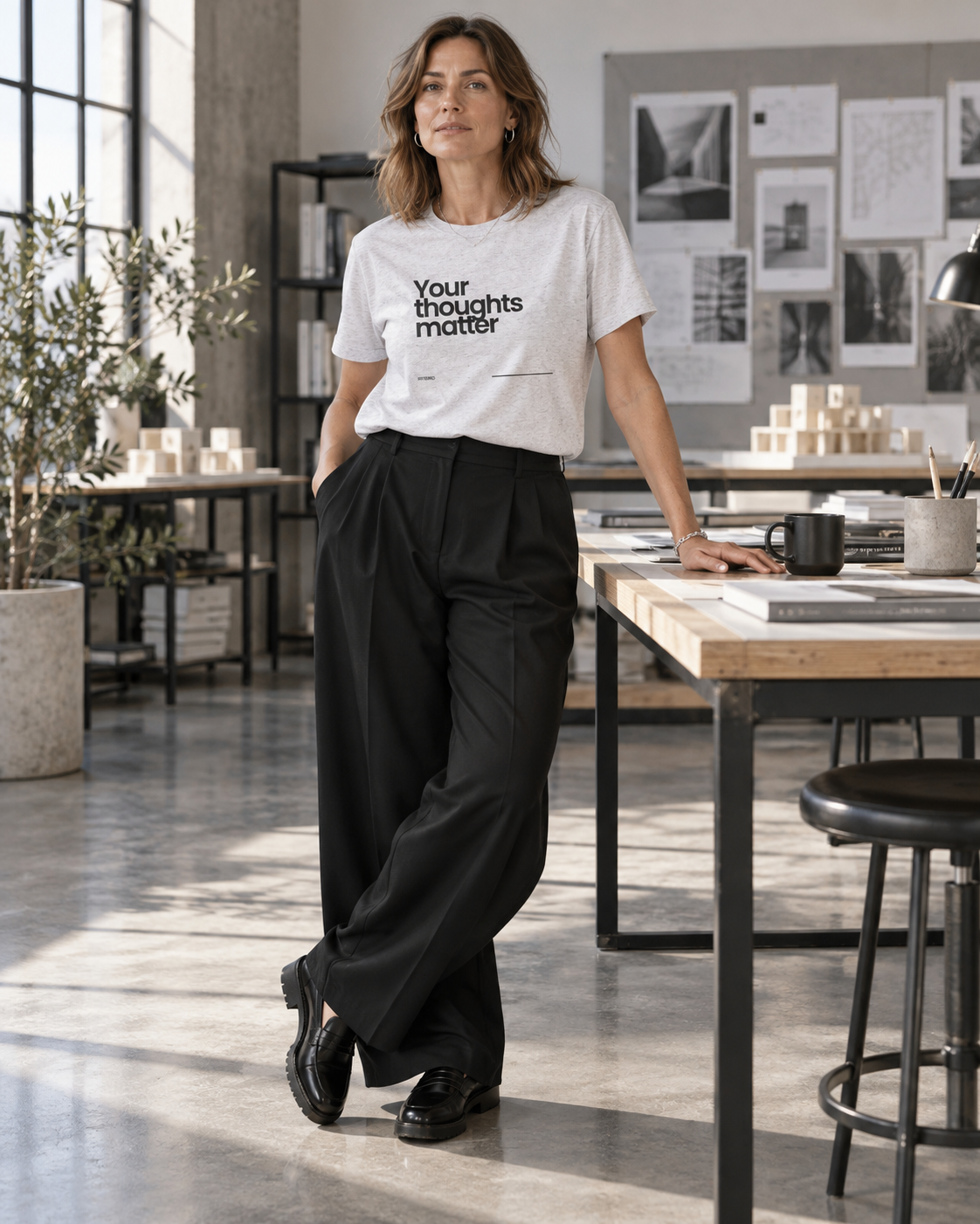 Woman wearing a pale marle Your Thoughts Matter T-shirt in a sunlit design studio.